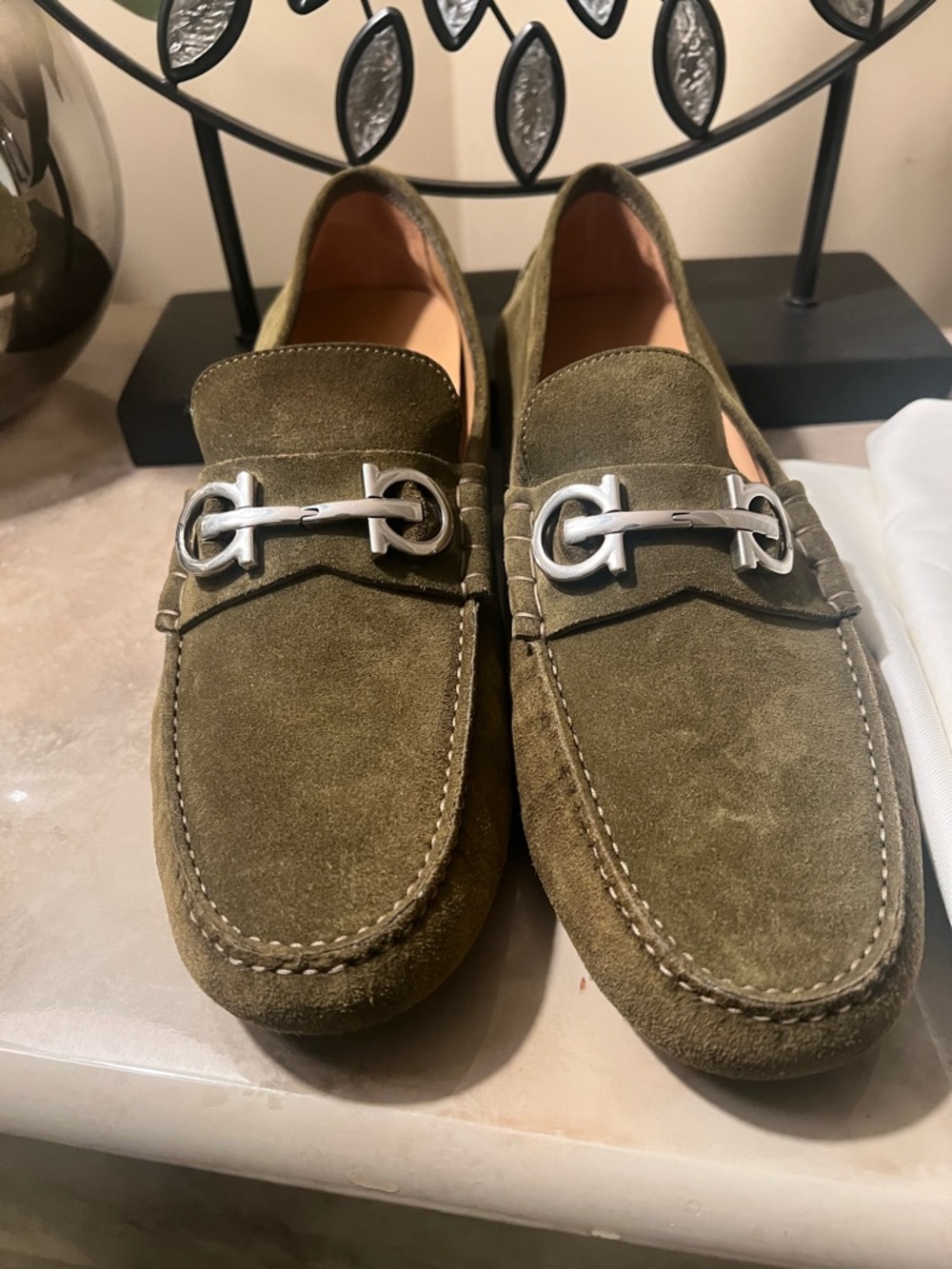 Salvatore Ferragamo Men's Olive Suede Bit Loafers - Elegant Slip-On Style